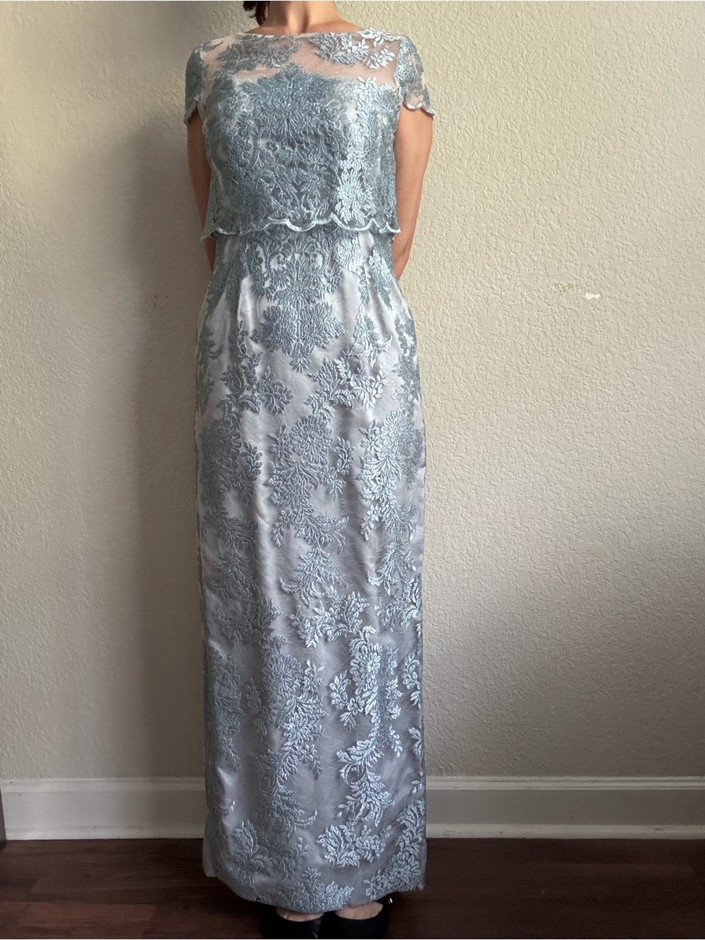 NICHOLAS Silver Lace Overlay Maxi Dress